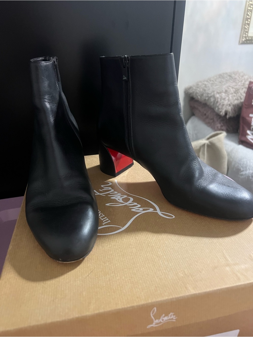 Christian Louboutin Black Leather Ankle Boots with Red Block Heel
